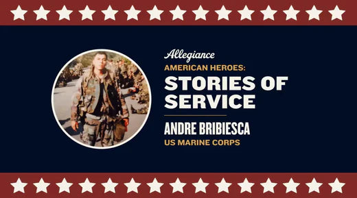 Andre Bribiesca in military uniform highlighted in "Stories of Service" for US Marine Corps on a patriotic background