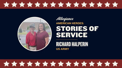 Richard Halperin posing alongside a woman, featured in "Stories of Service" honoring US Army veterans on a decorated background