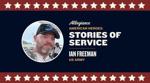 Ian Freeman featured in "Stories of Service," honoring his contributions as a US Army veteran on a patriotic backdrop