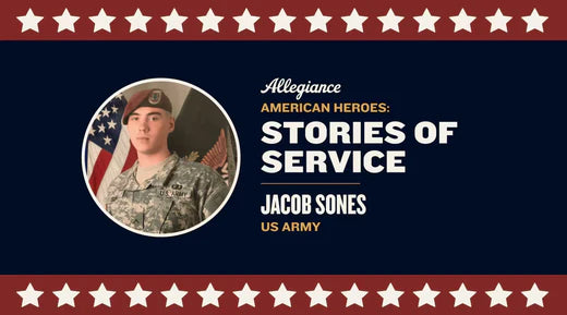 Jacob Sones featured in "Stories of Service," honoring his service in the US Army on a patriotic background