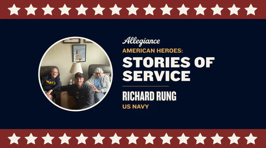 Richard Rung, sitting with family members, highlighted in "Stories of Service," celebrating US Navy veterans on a patriotic backdrop