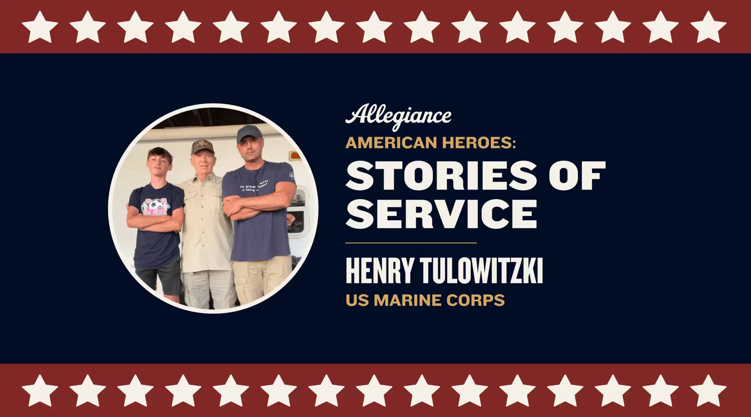 Henry Tulowitzki is featured standing with two other individuals, posing with arms crossed, as part of "Stories of Service" honoring his service in the US Marine Corps on a patriotic-themed background