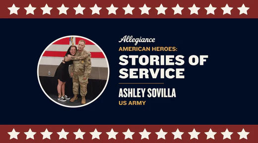 Ashley Sovilla featured in "Stories of Service," standing in uniform with an embrace from a smiling woman, honoring her service in the US Army on a patriotic background