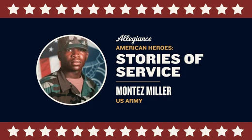 Montez Miller, dressed in a U.S. Army uniform and camouflage cap, poses in front of an American flag backdrop