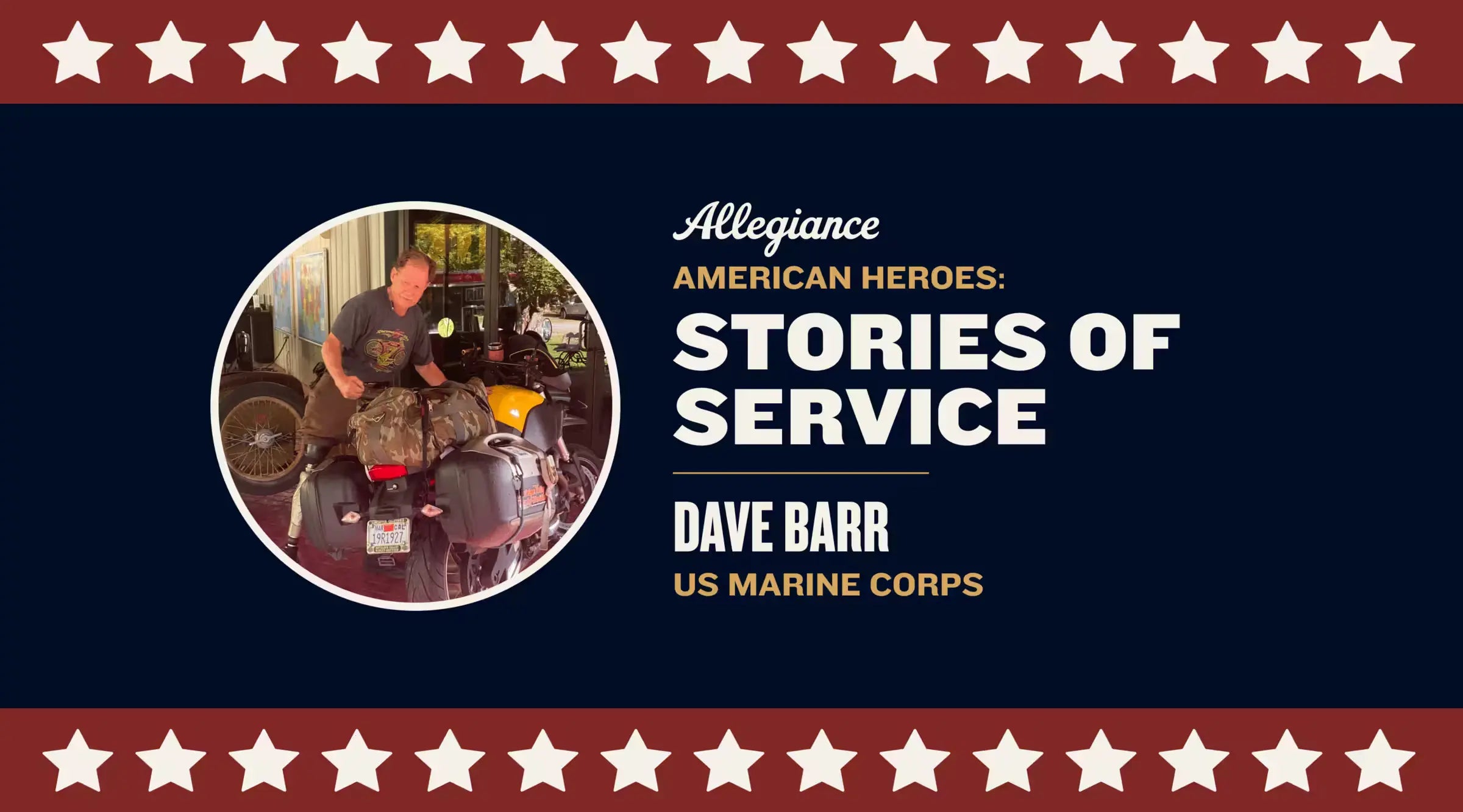 Dave Barr, a US Marine Corps veteran, standing beside his packed motorcycle in a garage or outdoor space