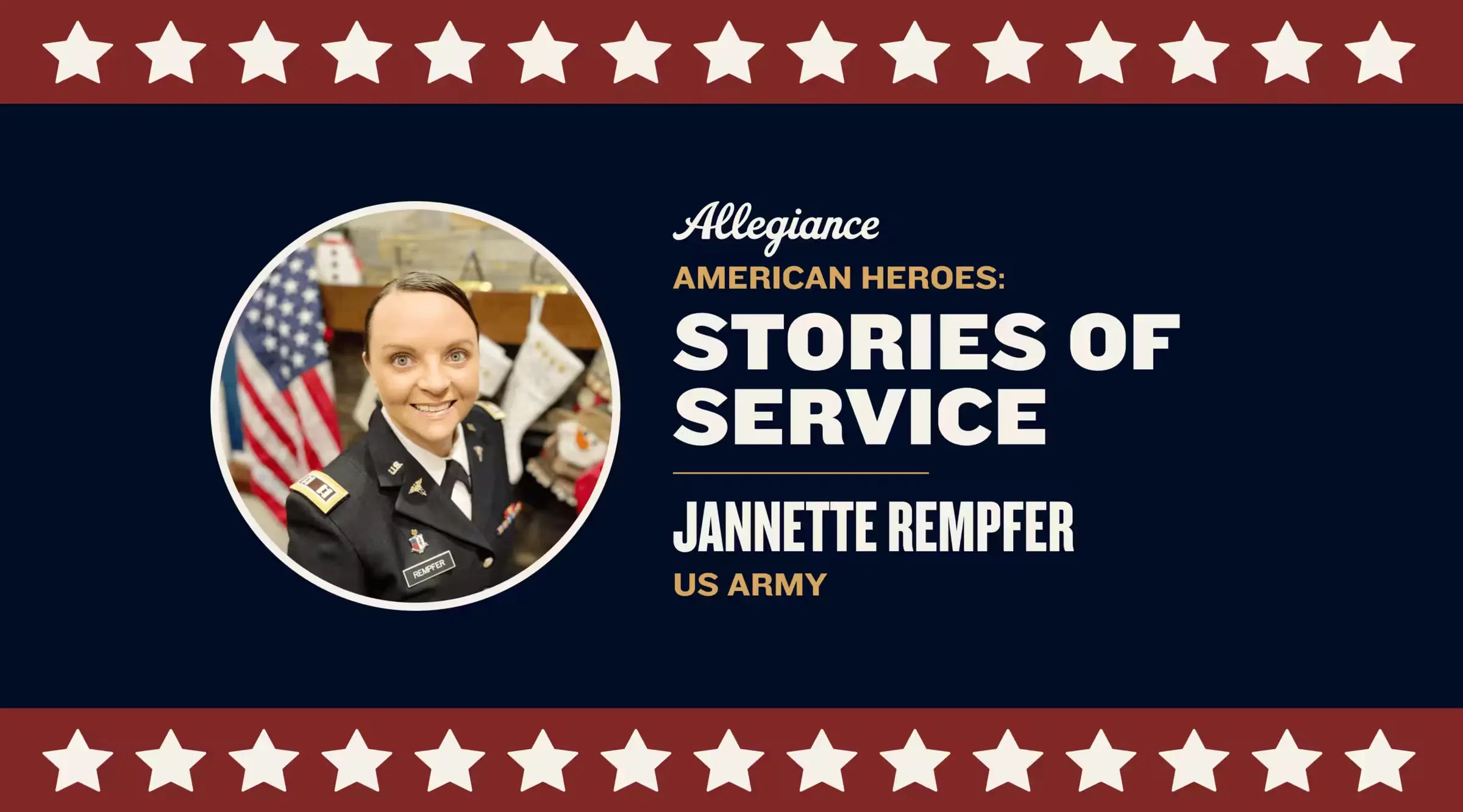 Jannette Rempfer, US Army officer, smiling in uniform with a background showing the American flag and festive decor