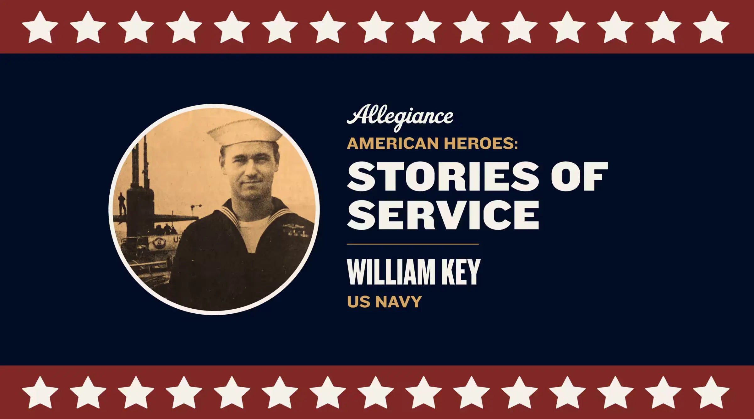 William Key, US Navy sailor, wearing his uniform in a vintage-style photo with a naval ship in the background