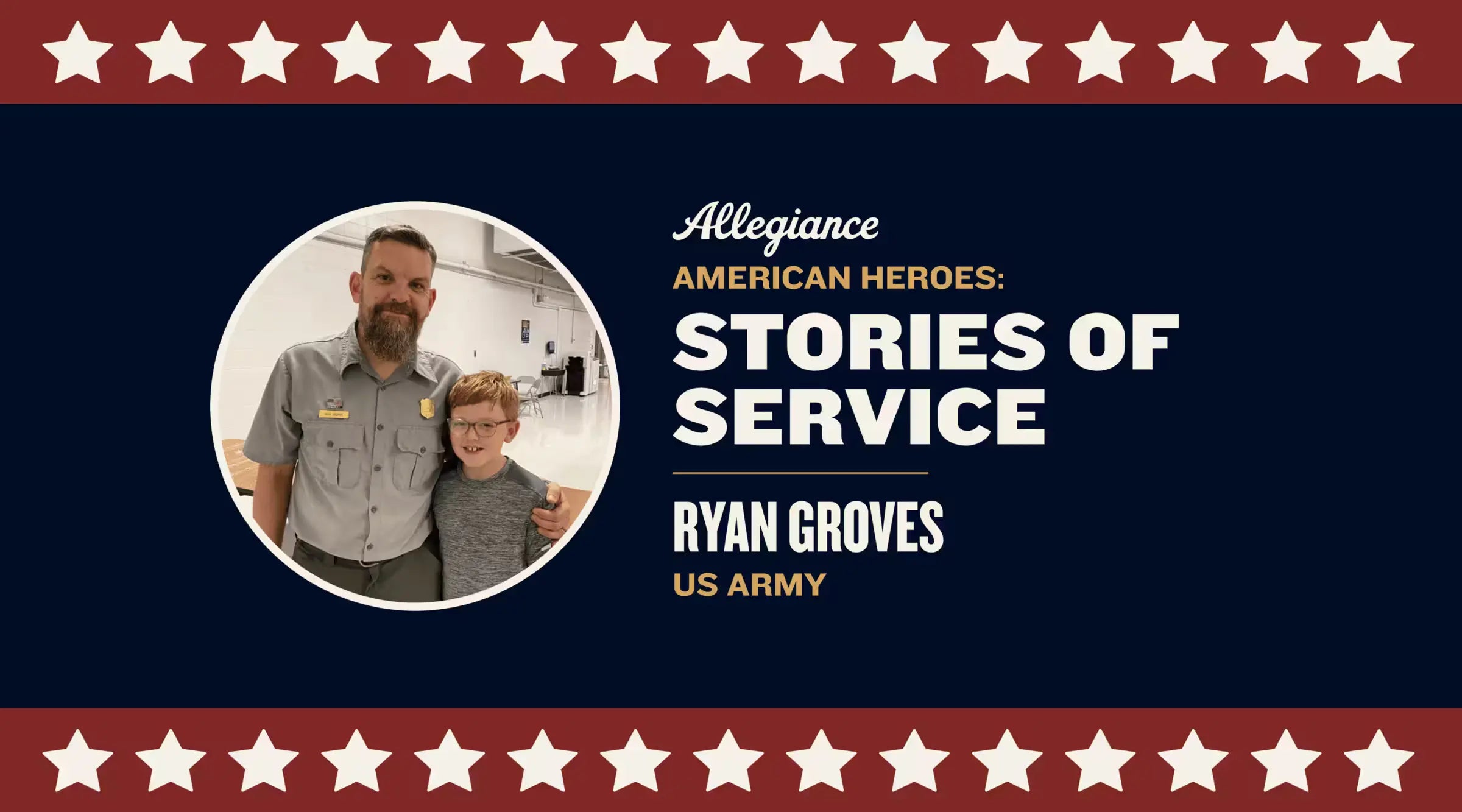 Ryan Groves, US Army veteran, standing proudly indoors with a young boy, both smiling for the camera