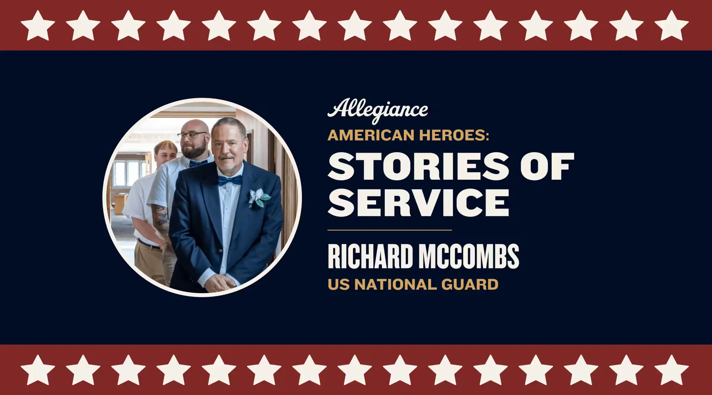 Richard McCombs, US National Guard member, dressed in a suit with a boutonniere, standing with groomsmen at an event